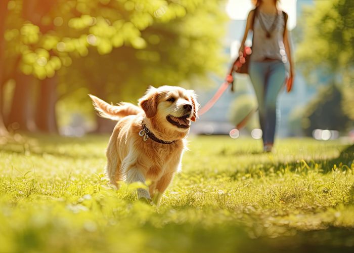The Townhomes at Chapel Watch Village in Chapel Hill, NC with a happy dog running on leash in a park