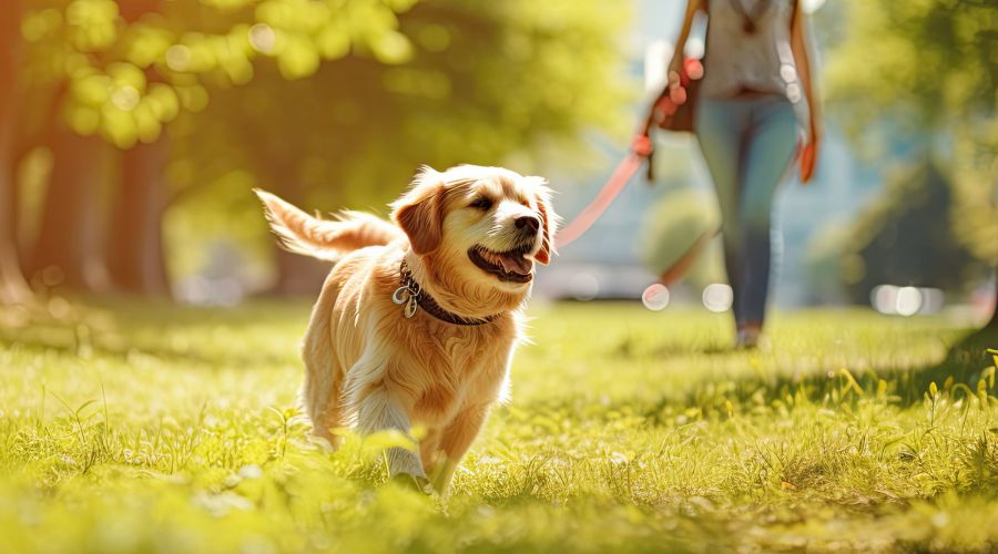The Townhomes at Chapel Watch Village in Chapel Hill, NC with a happy dog running on leash in a park