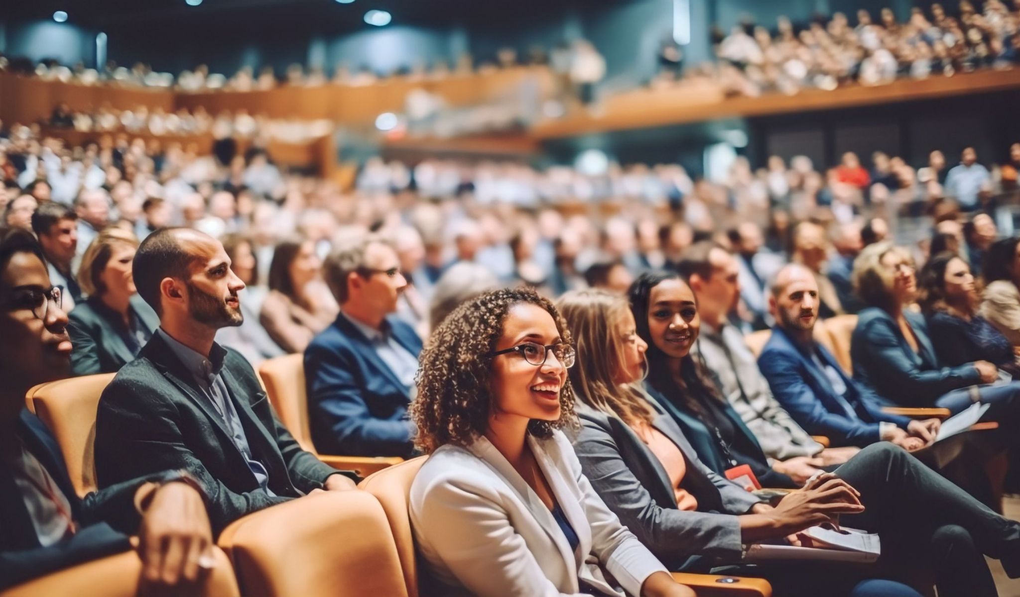 The Townhomes at Chapel Watch Village in Chapel Hill, NC with a woman in a large audience of a university lecture hall