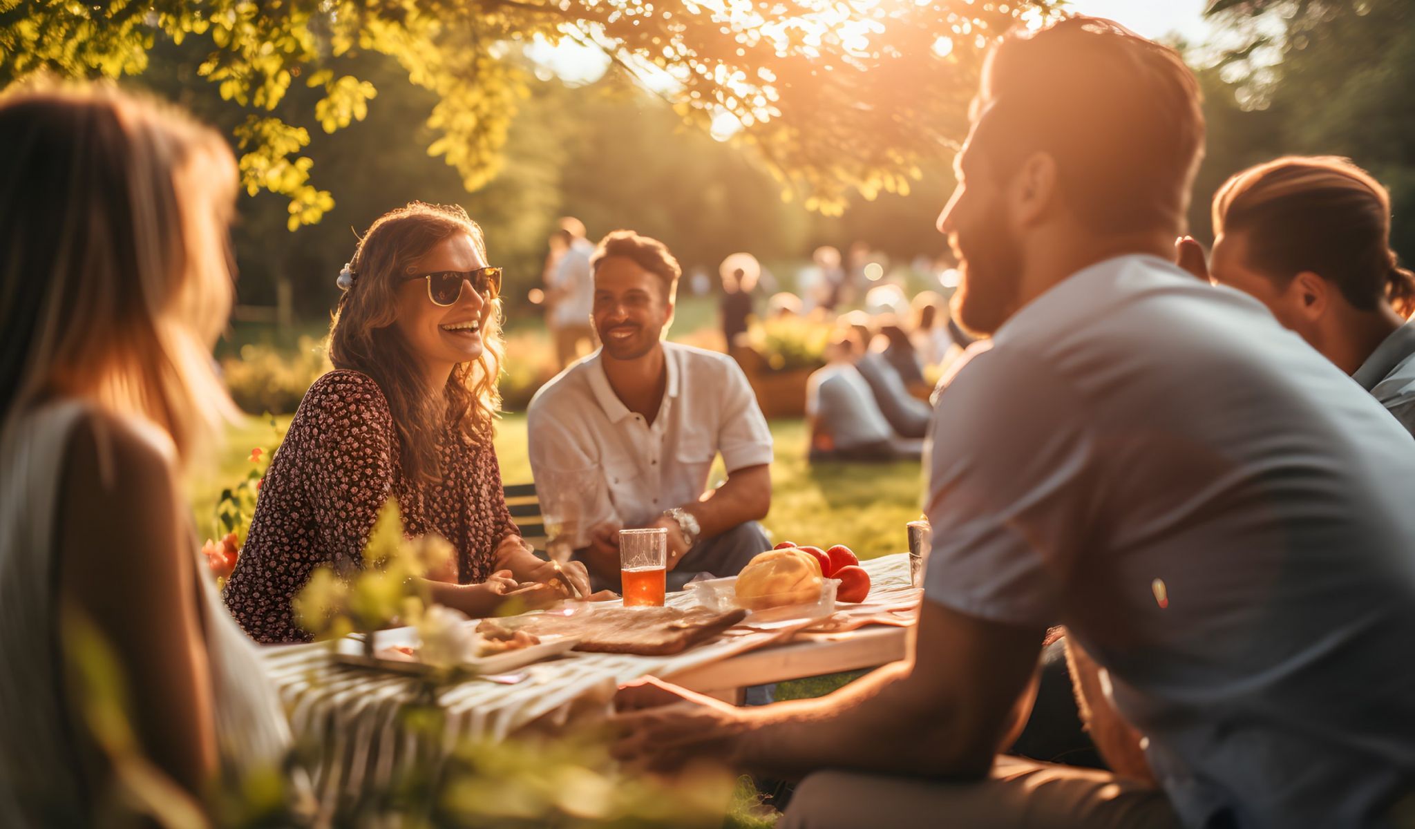 The Townhomes at Chapel Watch Village in Chapel Hill, NC with a group of friends talking and sharing a meal at a sunny park
