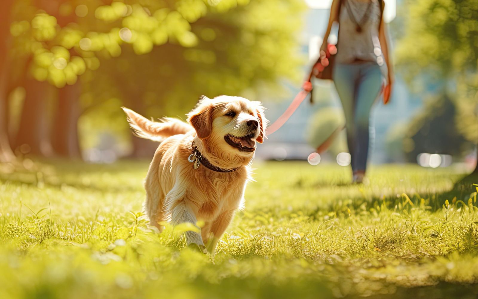 The Townhomes at Chapel Watch Village in Chapel Hill, NC with a happy dog running on leash in a park