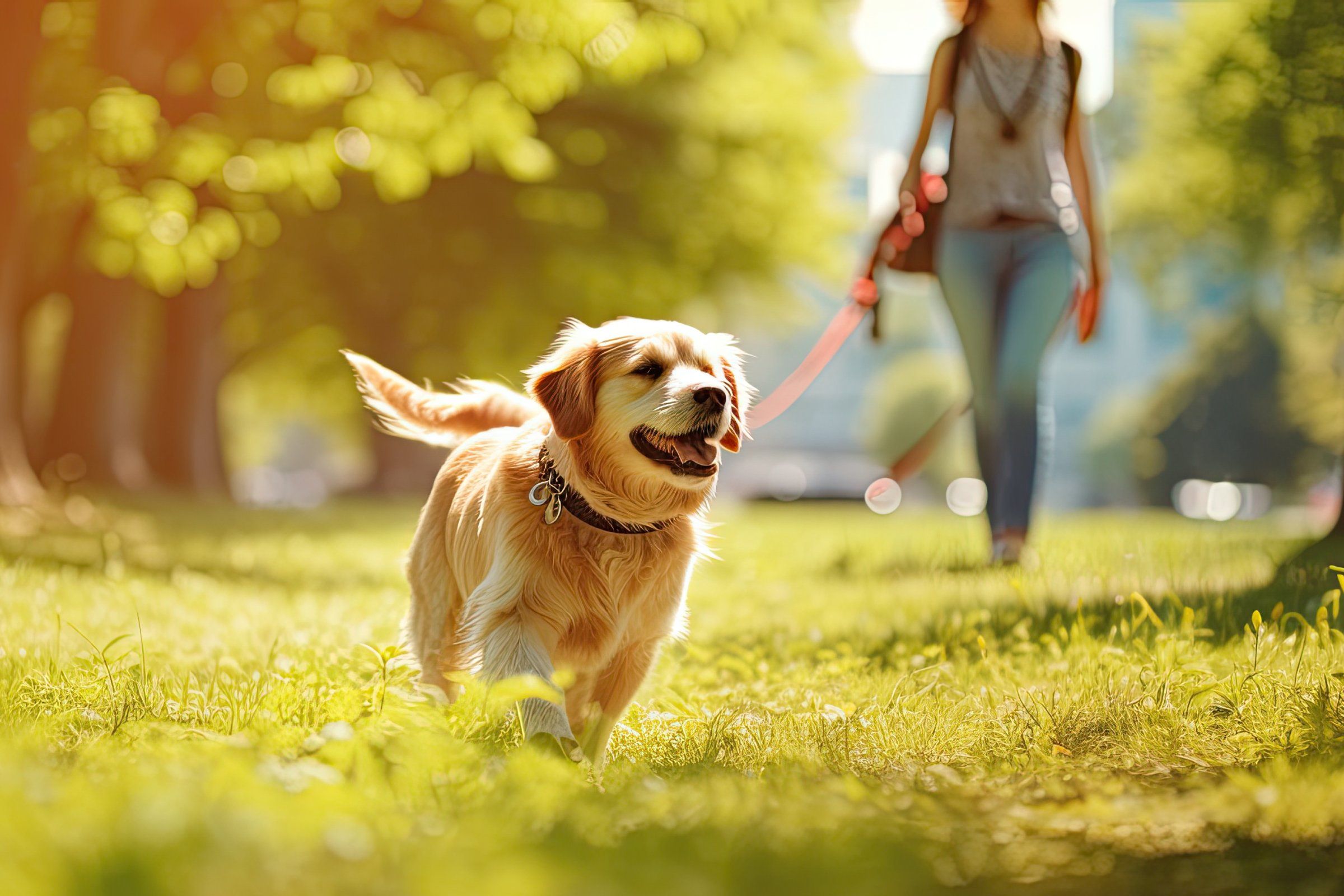 The Townhomes at Chapel Watch Village in Chapel Hill, NC with a happy dog running on a leash in a park